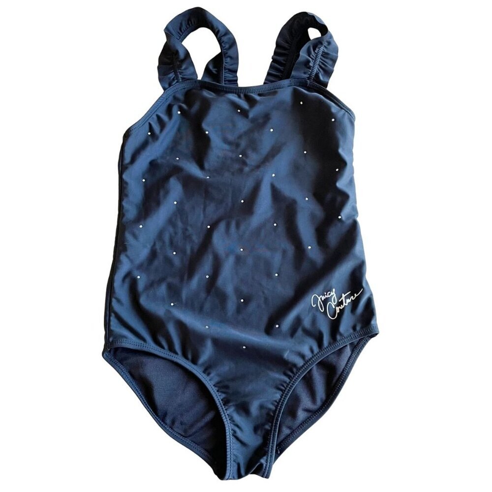 Juicy Couture Girl's Black Bedazzled Ruffle One Piece Swimsuit - Size 12